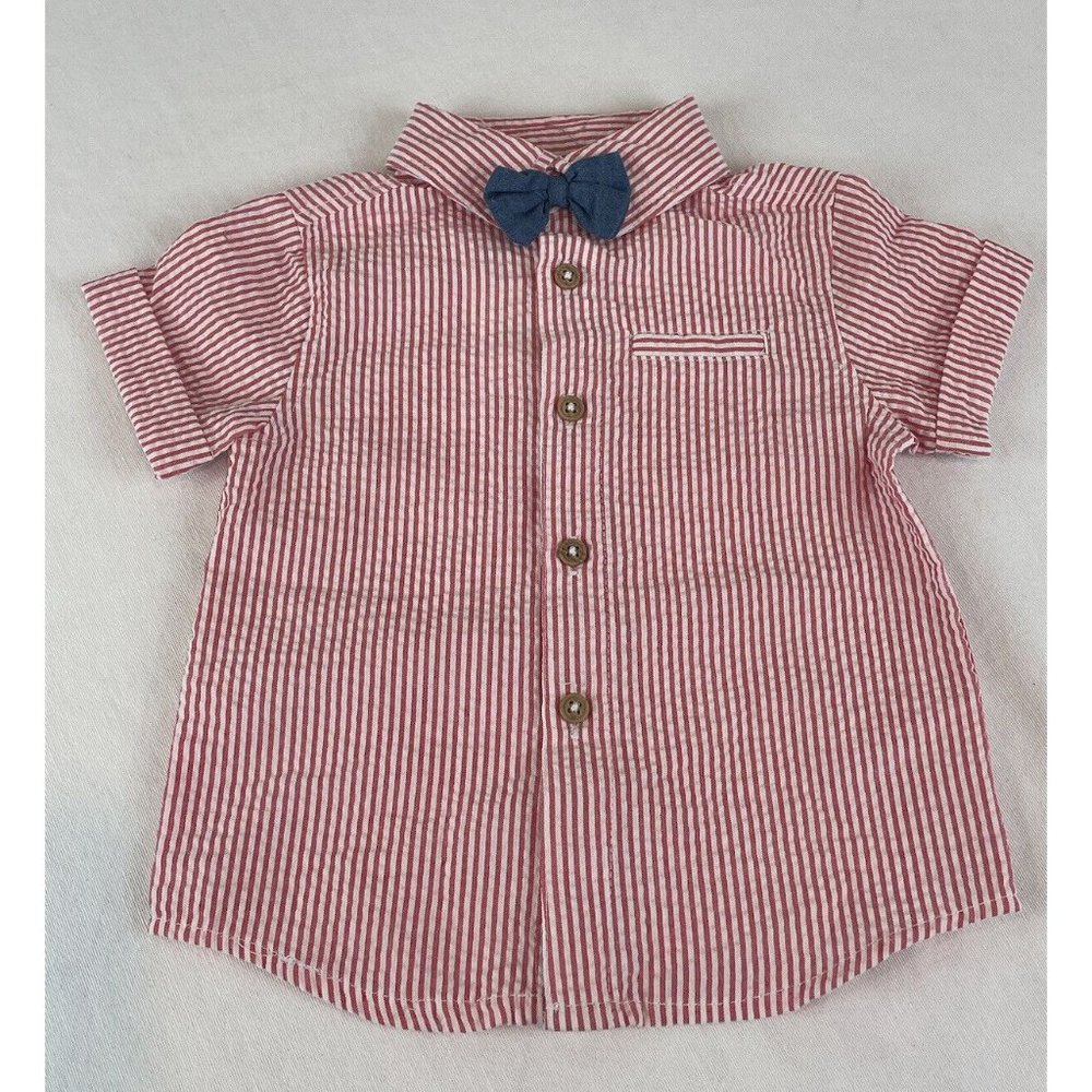 Infant Boys First Impressions Searsucker Striped Button Down Bow Tie Red White